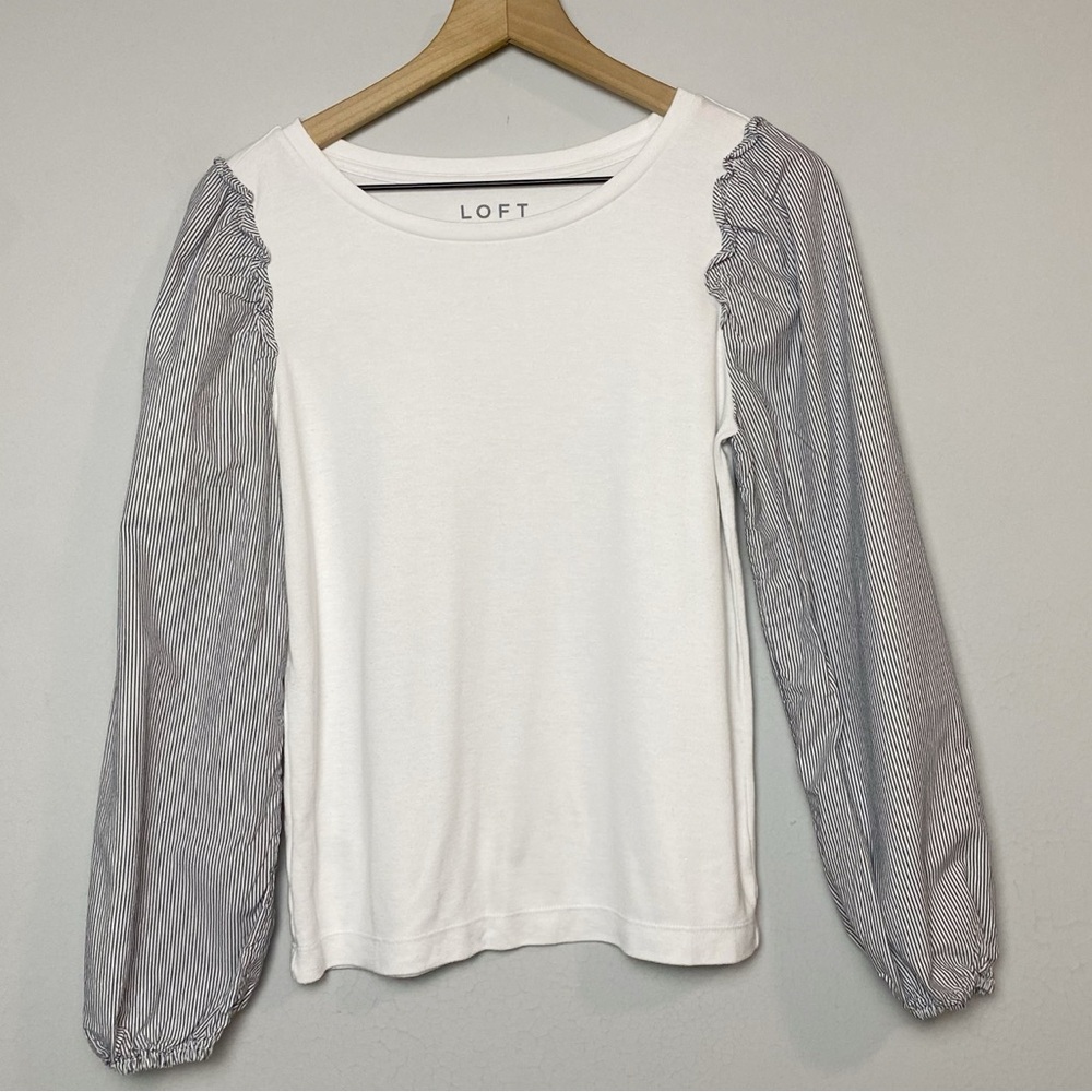Loft White/Blue Pinstripe Puff Sleeve Top